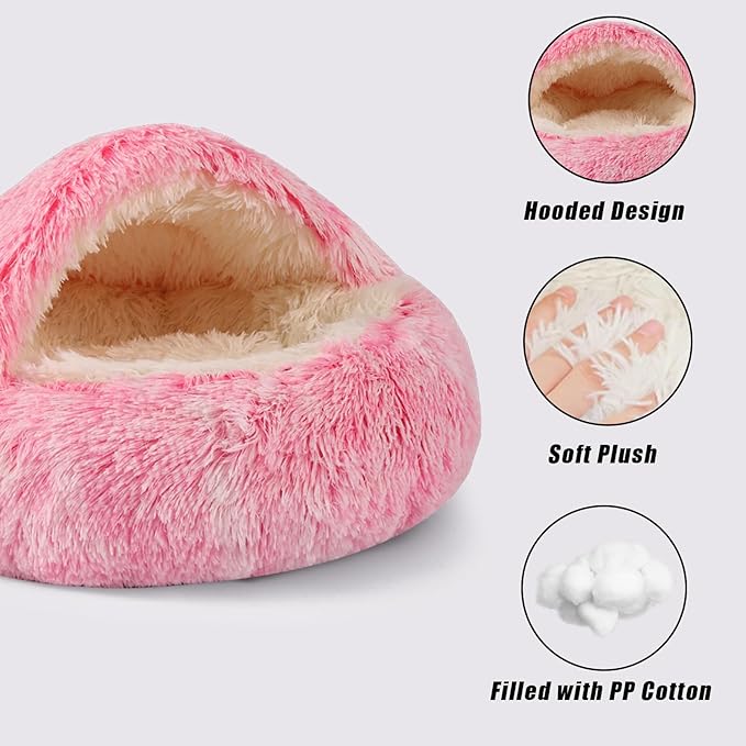 Round Hooded Cat Bed & Dog Bed with Cover Cave, Dog Bed for Small Dogs, Faux Fur Cuddler Round Coved Cat Bed Self Warming Donut Dog Bed Fits up to 5 lbs Pets (Pink, 16inch x 16inch)