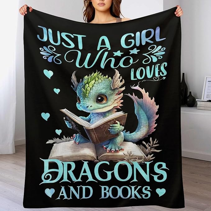 Just A Girl Who Love Dragons and Book Blanket Dragons Gifts for Girls Boys Woman Kids Read Lover Throw Blankets Soft Blanket Warm Fleece Flannel Plush Blankets for Bed Sofa Couch 40"x50"