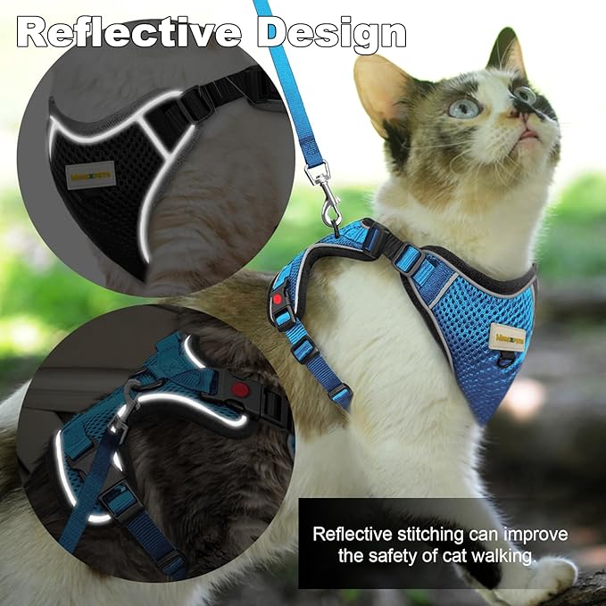Cat Harness and Leash for Walking, Retractable Cat Harnesses and Leash Set Escape Proof, Breathable Soft Kitten Harness Small Large Cat Harness for Travel Training and Walking, Blue, XXS