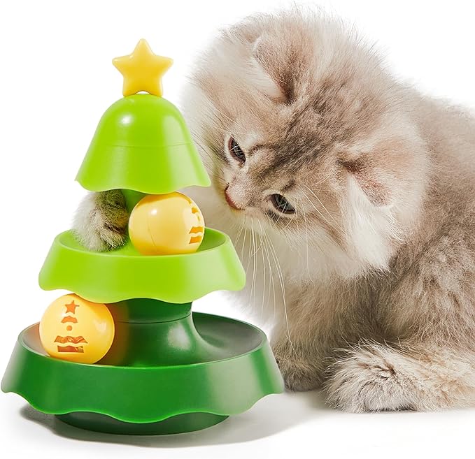 Potaroma Mini Sized Cat Toys with Catnip on Top, 2-Level Roller Turntable Two Cat Balls Interactive Indoor Kitten Physical Exercise Kitty Toys 5.5 Inches