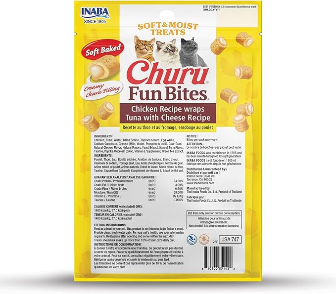 INABA Churu Fun Bites for Cats, Soft & Chewy Baked Chicken Wrapped Filled Cat Treats with Taurine, 0.42 Ounces Each Tetra, 18 Tetras (3 per Bag), Tuna with Cheese Recipe