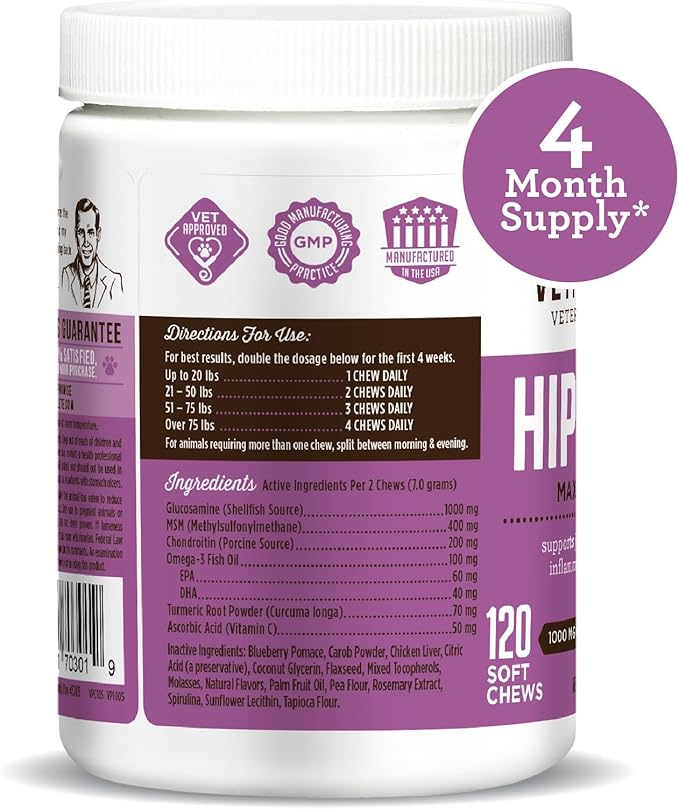 VetPro Dog Hip and Joint Supplement - Pain and Inflammation Relief Chews with Glucosamine, Chondroitin, MSM, Turmeric, Vitamin C, Omega 3 - Treats Hip Dysplasia, Arthritis - Dogs Chewable Supplements