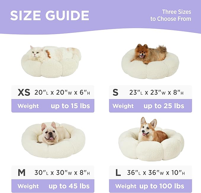 Lesure Calming Large Dog Bed - Flower Donut Round Fluffy Puppy Bed in Plush Teddy Sherpa, Non-Slip Cute Flower Dog Beds, Large Pet Bed Fits up to 100 lbs, Machine Washable, Cream 36"