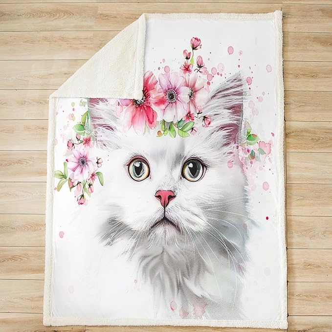 Cute Cat Plush Blanket White Pet Cat Fleece Throw Blanket Colorful Flowers Cartoon Cat Sherpa Blanket for Sofa Couch Bed 3D Animal Theme Cat Lovers Fuzzy Blanket Room Decor Throw 50x60 Inch