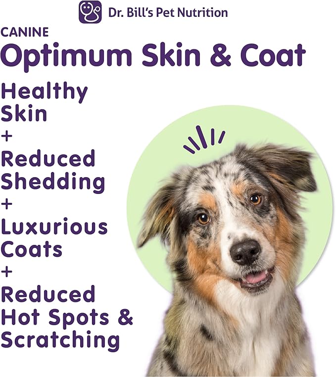 Dr. Bill’s Canine Optimum Skin & Coat (680g) – Fish Oil Omega-3 Fatty Acids Dog Supplement with Biotin, Type I & III Marine Collagen, Hyaluronic Acid & Folic Acid