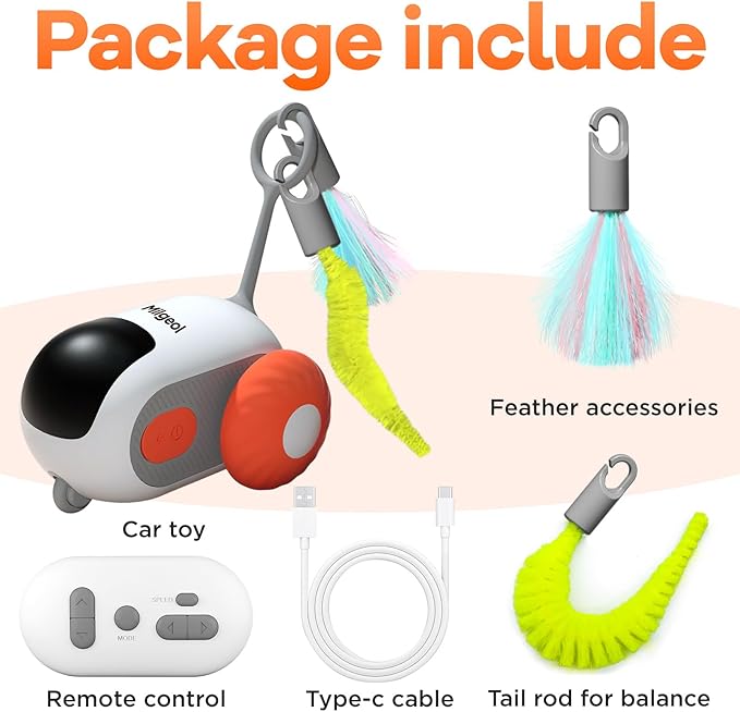 Turbo Tail 3.0, Teazys Cat Toy Turbo Tail, Smart Remote Control Electric Interactive Cats Toy, Type-C Rechargeable Turbo Tail Mouse Cat Toy with Feathers (2pcs Orange)