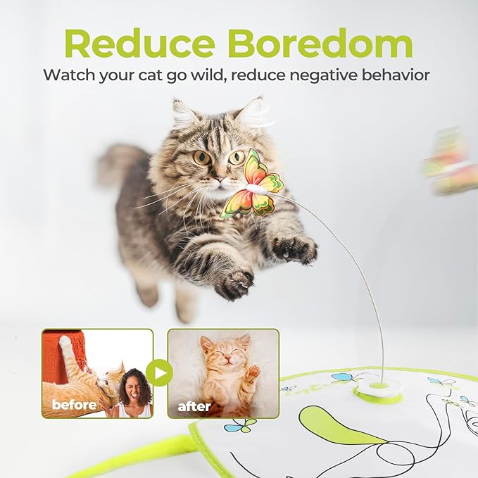 ALL FOR PAWS 2 in 1 Cat Toys Hide-N-Seek Cat Wand Toy Automatic Kitten Flutter Toy with Butterfly Spinner, Cat Moving Feather Toy for Indoor Cats