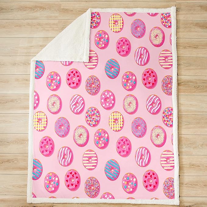Chocolate Doughnut Plush Blanket Whimsical Dessert Print Fleece Throw Blanket for Couch Bed Sofa Decor Chic Bright Kawaii Pink Sherpa Blanket Fuzzy Blanket Baby 30"x40"