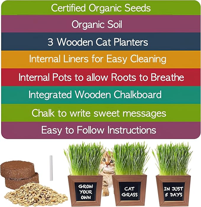 Organic Indoor Cat Grass Kit - 3 Wooden Planters, Certified Seeds, and Premium Soil for Happy Cats. Delight Your Feline Friends with The Ultimate Cat Grass Experience! Ideal Gift for Cat Lovers.
