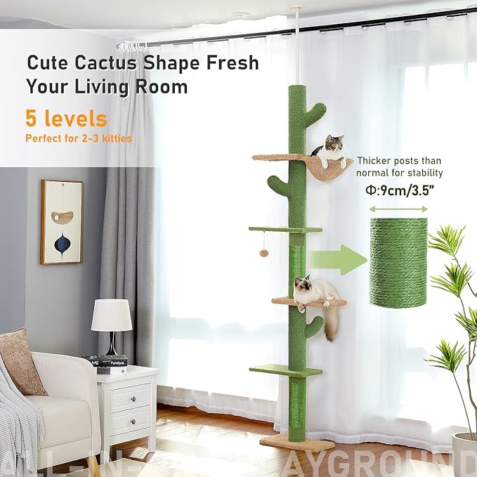 PAWZ Road Cat Tree, Cactus Floor to Ceiling Cat Tower with Adjustable Height(95-108 Inches), 5 Level Cat Climbing Tower with Cozy Hammock, Platforms and Dangling Balls for Indoor Cats