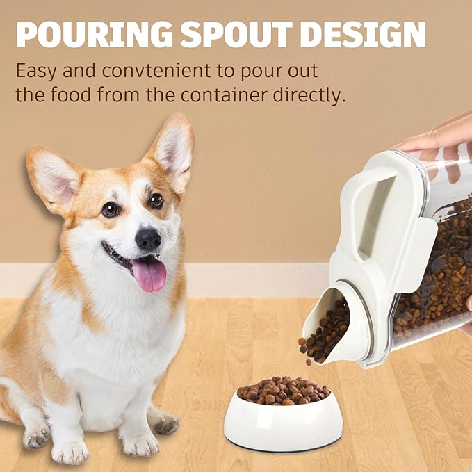 Dog Food Storage Container 3-4lbs, Pet Food Container with Airtight Pour Spout, Cat Food Storage Container with Measuring Cups, Portable Pet Food Container for Dogs, Cats, Birds(White)