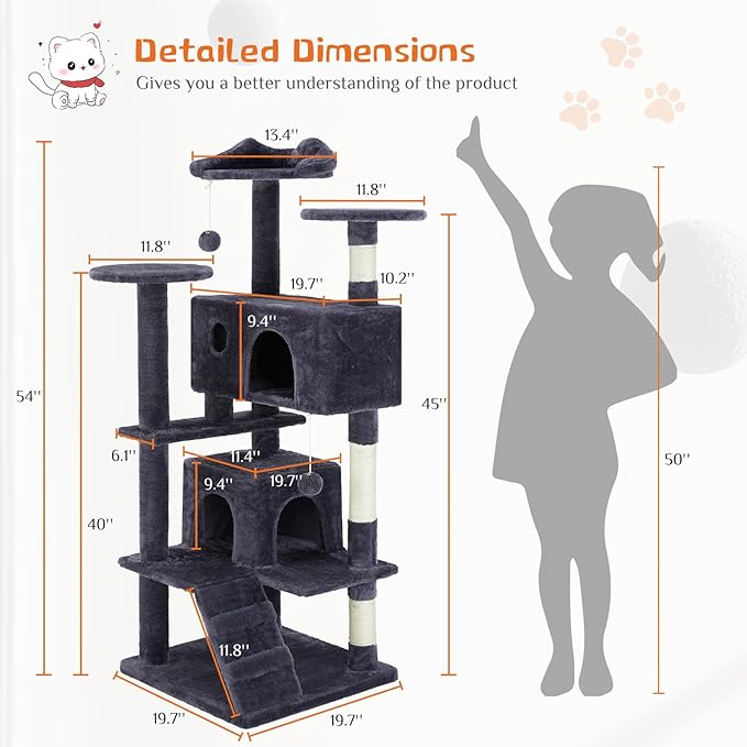Sweetcrispy 54-Inch Cat Tree Tower – Multi-Level Cat Tower with Sisal Scratching Post, Perfect Cat Gift, Indoor Cat Tree with Condo, Climbing Ladder, Plush Toy, and More Cat Stuff,Grey