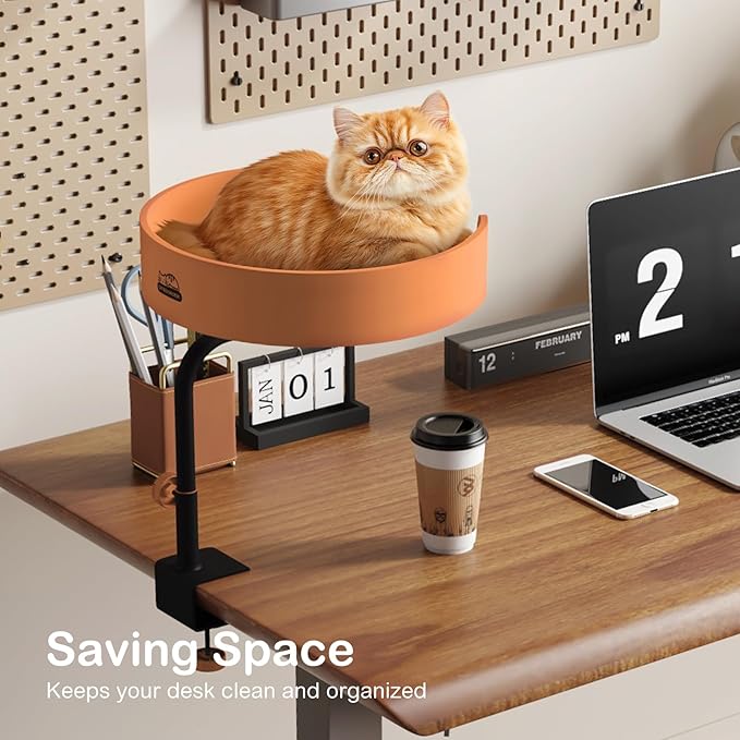 Cat Bed Desk Nest with Teaser,Easy Installation Shelf,Sturdy Frame,Removable Cushioned Cushion, Space Saving Design,Ideal for Side Table,Home Office,Fits Cats