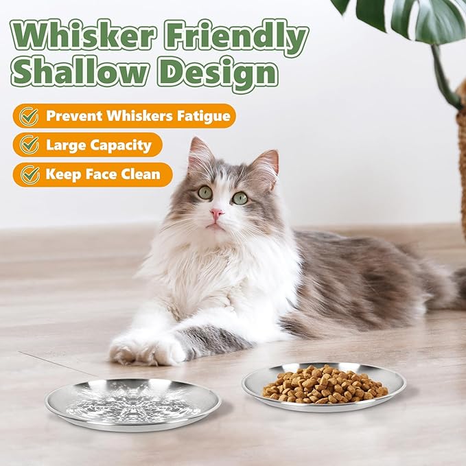 Wide Whisker Friendly Cat Dishes Set 6.7", Stainless Steel Cats Bowls, Shallow Food Bowl, Indoor Kitten Feeding Wet & Dry Food Dish to Prevent Whisker Fatigue(13 OZ) (Cat Dishes, 6 PCS)