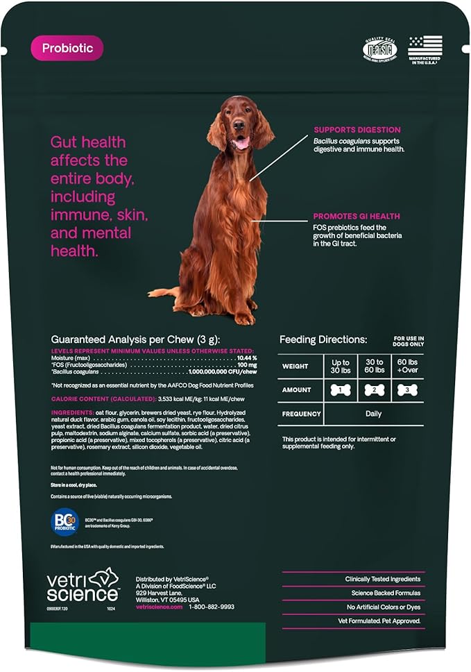 VetriScience Gut Health Chews, Probiotic Everyday Digestive Supplement for Dogs, Digestion Support, Gas & Diarrhea, Immune Support, 1 Billion CFU Per Chew, Duck, 120 Count