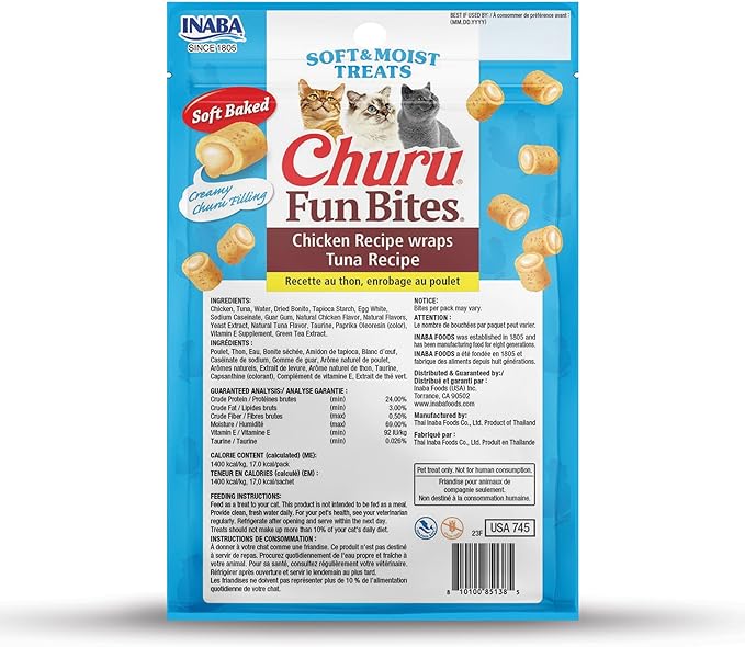 INABA Churu Fun Bites for Cats, Soft & Chewy Baked Chicken Wrapped Filled Cat Treats with Taurine, 0.42 Ounces Each Tetra, 18 Tetras (3 per Bag), Tuna Recipe