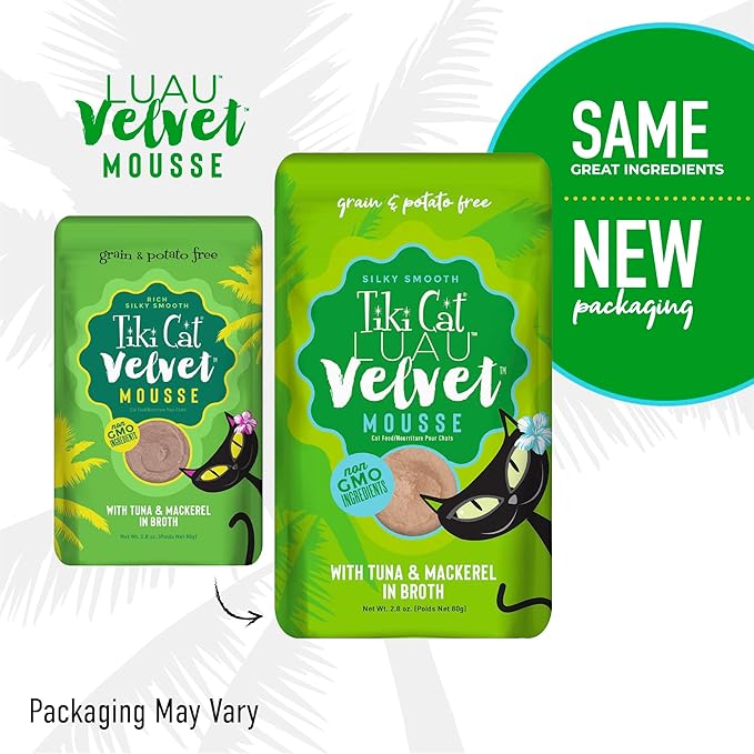 Tiki Cat Luau Velvet Mousse, Tuna & Mackerel in Broth, Complete Nutrition for Balanced Diet, Wet Cat Food For All Life Stages, 2.8 oz. Pouch (Pack of 12)