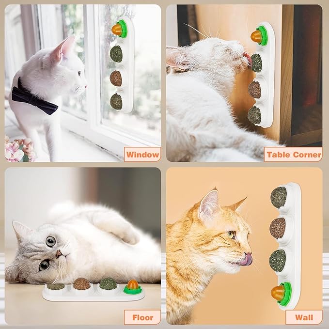 Catnip Ball for Cats Wall, 4 Pack Catnip Toys, Silvervine Balls, Edible Kitty Toys for Cats Lick, Safe Healthy Kitten Chew Toys, Teeth Cleaning Dental Cat Toys, Cat Wall Treats (White)