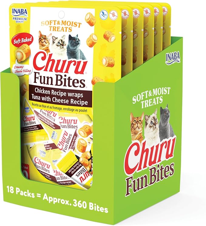 INABA Churu Fun Bites for Cats, Soft & Chewy Baked Chicken Wrapped Filled Cat Treats with Taurine, 0.42 Ounces Each Tetra, 18 Tetras (3 per Bag), Tuna with Cheese Recipe