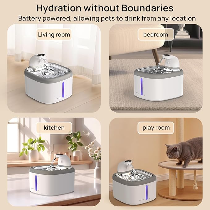 Cat Water Fountain 118oz/3.5L Battery Operated Cat Water Fountain Wireless Pet Water Fountain for Cats Inside, Automatic Cat Waterer Fountain for Cats Dogs Multiple Pets (Light Gray)