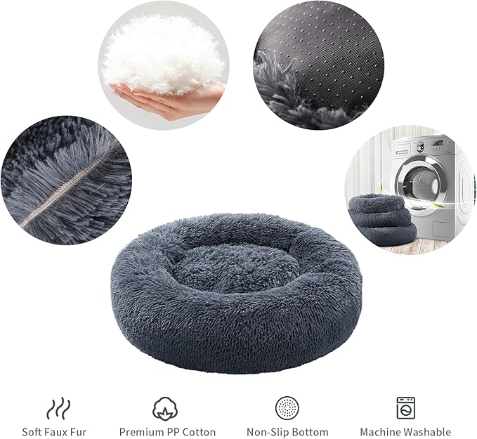 Small Cat Bed for Indoor Cats, Self-Warming Donut Kitty Bed for Small Cats Keeping Warm, Washable Pet Bed with Anti Slip Base, 20‘’ Darkgrey