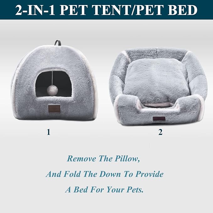 Cat Bed for Indoor Cats - Cat Cave Bed Cat House Cat Tent with Removable Washable Cushioned Pillow, Soft and Self Warming Kitten beds, Pet Bed(Large Grey)