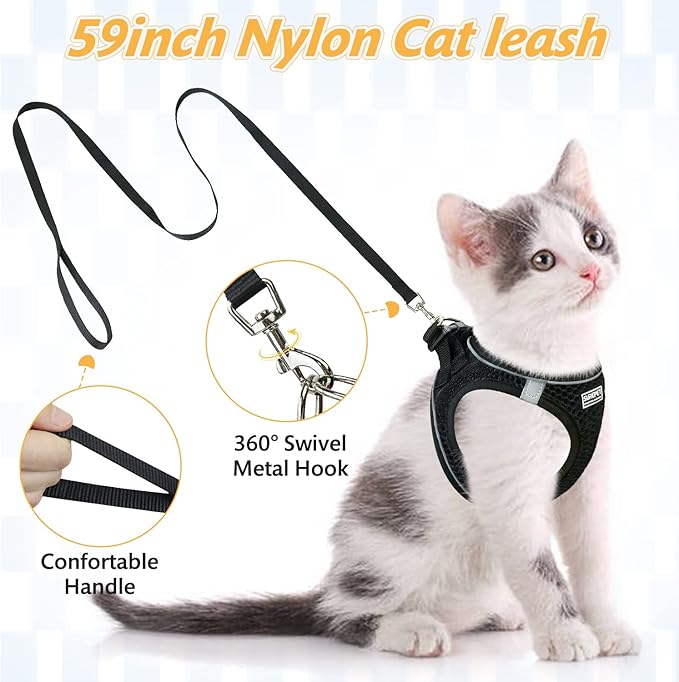Cat Harness and Leash Set for Walking Escape Proof,Adjustable Soft Kittens Vest with Reflective Strip for Small Cats,Easy to Control
