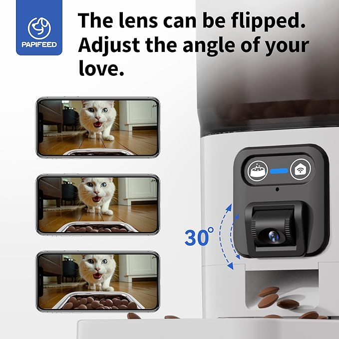 Automatic Cat Feeder with Camera, Adjustable Angle 2.4G WiFi/App Pet Food Dispenser, 6L Timed Dispenser with Two-Way Audio, Auto Pet Feeder with Mat for Cat & Dog, 1-10 Meals Per Day