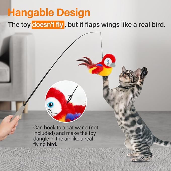 Cat Toys for Indoor Cats, Flapping Bird Cat Toy, Electric Simulated Chirping Bird Interactive Cat Toy with Flappy Wings, Rechargeable Touch Activated Cat Toys with Catnip and Feather - Red