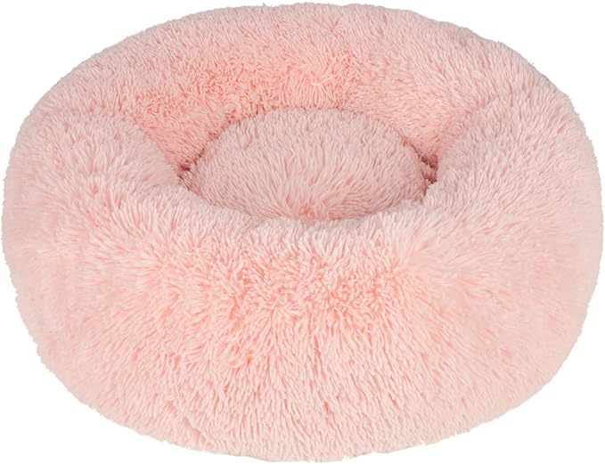 Best Pet Supplies Round Donut Dog Bed with Plush Faux Fur Fabric, Calming, Anti-Anxiety Cushion for Indoor Pets, Slip-Resistant Base, Soft Ergonomic Support - Pink, 27x27x7.5''