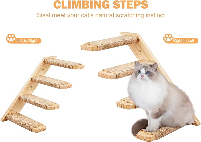 Cat Wall Shelves Stairs Cat Wall Furniture Mounted, 2PCS Cat Shelves & 2PCS 4 Steps Wall Climbing Shelves Scratching Perches for Sleeping, Playing, Climbing