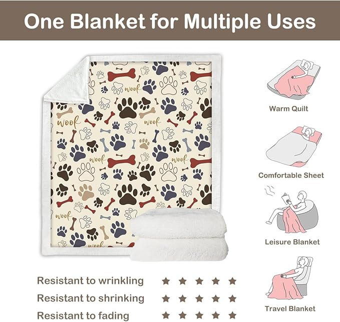 Sleepwish Dog Paws and Bones Print Fleece Throw Blanket for Kids Soft Plush Light Yellow Sherpa Blanket for Couch Chair Bed, Queen (90" X 90")