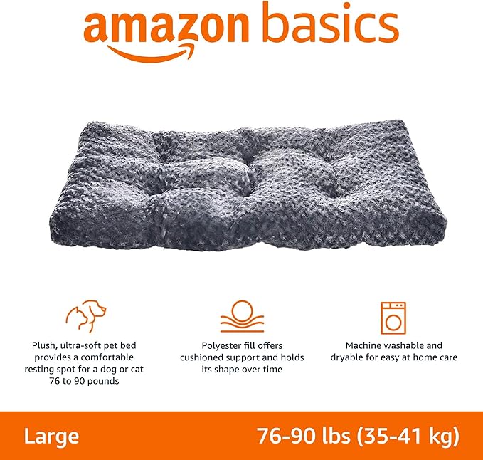 Amazon Basics Cat and Dog Bed and Crate Pad, Machine Washable, Indoor, 40 x 27 x 3.5 inches, Gray