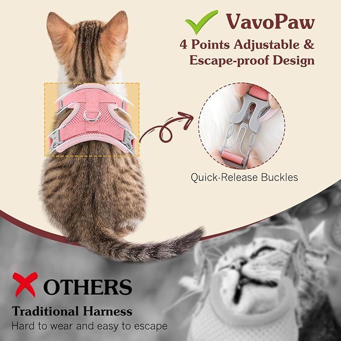 Cat Harness and Leash Set for Walking, Adjustable Kitten Vest Harness with Reflective Strip Breathable Mesh, Escape Proof Soft Pet Safety Vest for Cats, Kittens, Puppies, S, Pink
