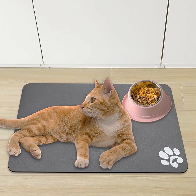YCT Pet Cat Food Mats for Dog Food Mat, Cat Mat for Food, Pet Dog Cat Feeding Mat Eating Mat Pet Dog Cat Bowl Mats, Non-Slip Super Absorbent, with Footprints Logo,24 x 16.9 inches, Dark Grey