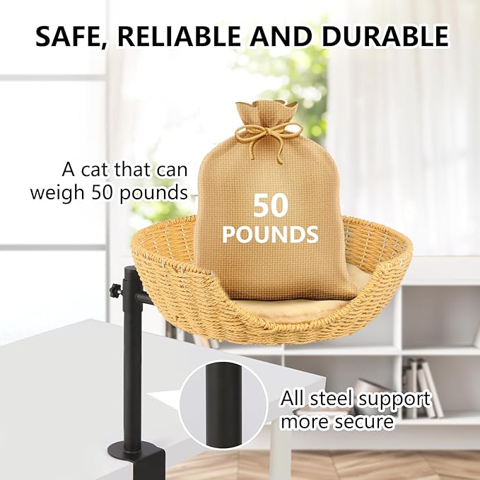 Cat Desk Bed,Cat's Desk Nest with Crafted Workmanship,Suitable for Cats up to 50 pounds,Steel Frame, Adjustable Height, 360 Rotating cat Desk Bed,Easy to Install, Including mounting Accessories