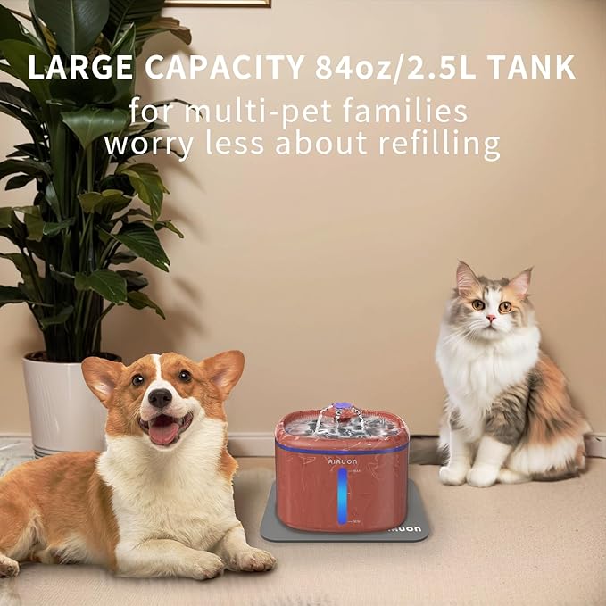 Cat Water Fountain 84oz/2.5L - Automatic Pet Fountain & Dog Water Dispenser with Replacement Filters & Feeding Mat for Cats, Dogs, Multiple Pets (Camouflage Brown)
