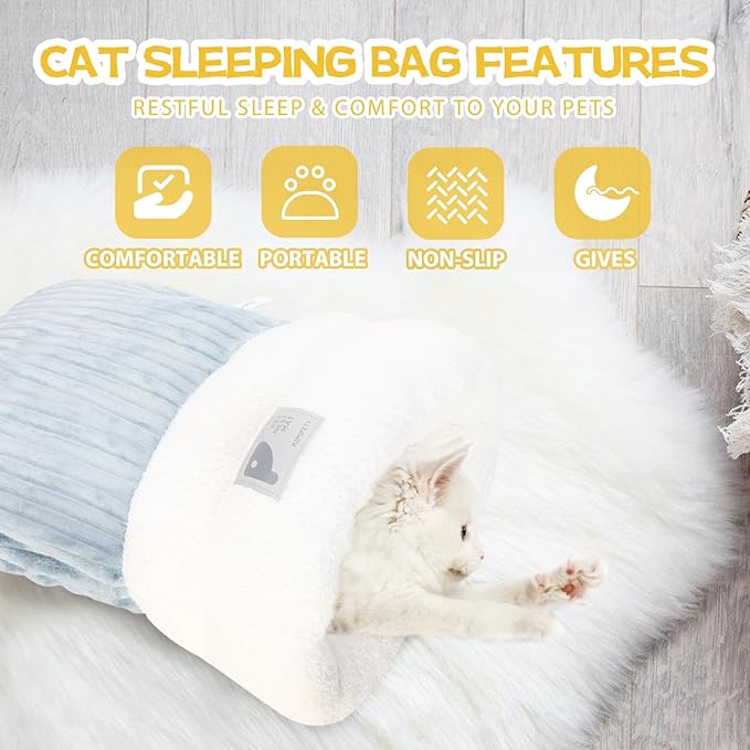 Cat Winter Sleeping Bag, Cat Bed Cave Sleeping Bag, Cat Sleeping Bag, 360°Wrap Comfortable Pet Snuggle Sack, Soft Plush Large Cat Sack - Size L(Gray Blue)