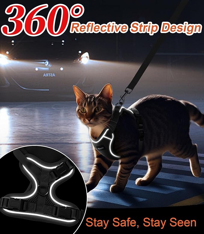 Cat Harness and Leash for Walking Escape Proof Soft Adjustable Cat Leash Breathable Comfortable Vest Easy to Wear Kitten Harness for Outdoor Travel Grey M