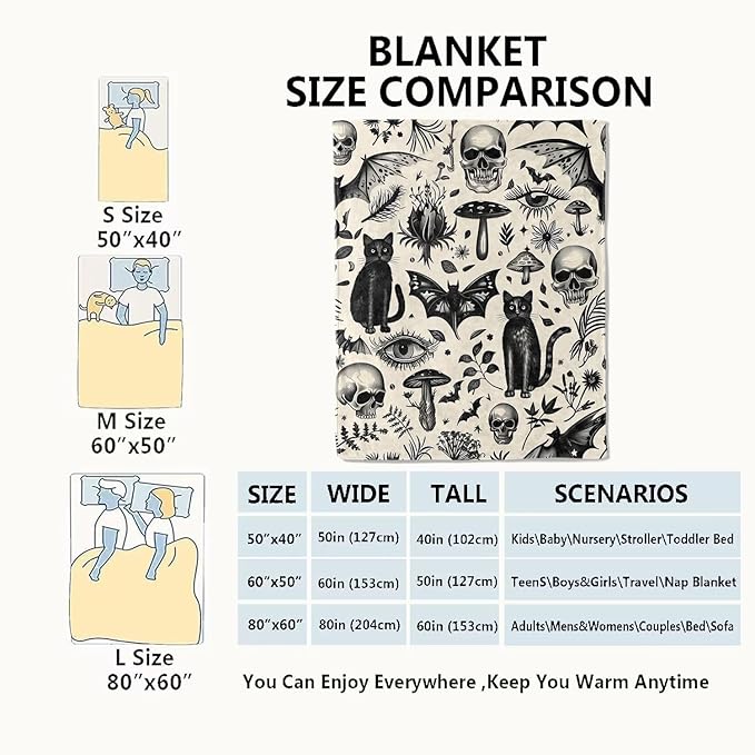 Spooky Goth Blanket Gothic Black Cats, Skulls, and Bats Throw Blankets Gifts for Girls Boys Adults Lightweight Soft Fleece Cozy for Sofa Couch Bed Room Travel Birthday Halloween Decor 60x80in