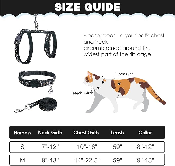 PAWCHIE Cat Harness with Leash and Collar Set - Escape Proof Adjustable H-shped Cat Harness with Star and Moon Pattern Glow in The Dark for Kitty Outdoor Walking