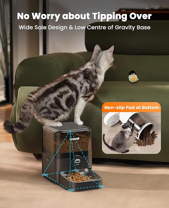 oneisall Automatic Cat Feeder, Timed Cat Feeder with Stable Structure, Dry Food Dispenser with Backup Power, Programmable, 1-6 Meals Per Day Pet Food Dispenser with Desiccant Bag