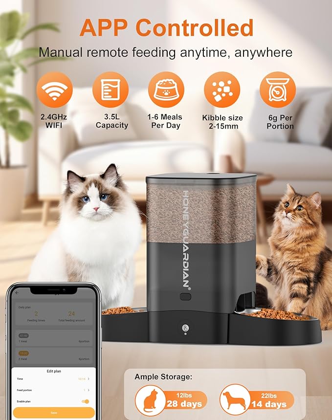 HoneyGuaridan 3.5L Automatic Cat Feeder for Two Cats, 2.4G WiFi Enabled Smart Feed Pet Feeder with Stainless Steel Bowl,APP Control Dispenser, Dual Power Supply,Desiccant Bag,10s Meal Call Black