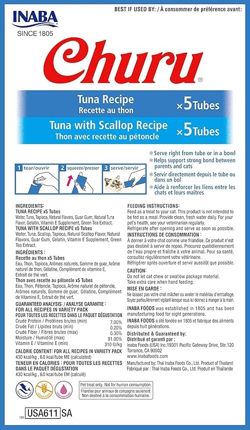 INABA Churu Cat Treats, Grain-Free, Lickable, Squeezable Creamy Purée Cat Treat/Topper with Vitamin E & Taurine, 0.5 Ounces Each Tube, 10 Tubes Total/Two Flavors, Tuna and Scallop Variety