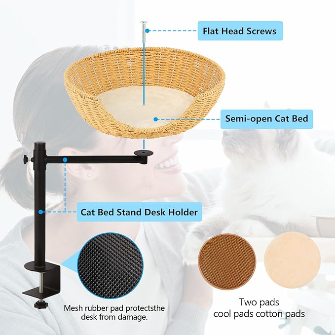Cat Desk Bed,Cat's Desk Nest with Crafted Workmanship,Suitable for Cats up to 50 pounds,Steel Frame, Adjustable Height, 360 Rotating cat Desk Bed,Easy to Install, Including mounting Accessories
