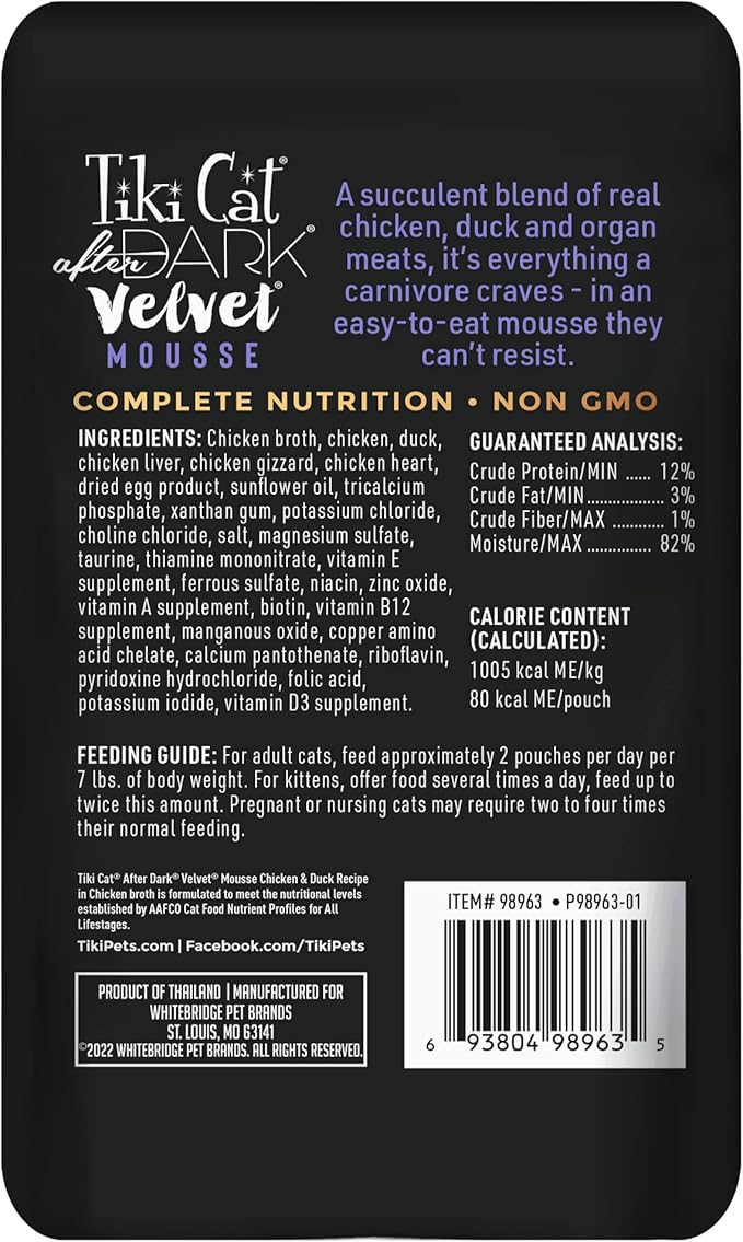 Tiki Cat After Dark, Velvet Mousse, Chicken & Duck Recipe in Chicken Broth, Grain & Potato Free Formula, with High Protein & Nutrient Dense Blended Irresistible Organ Meat, 2.8 oz. Pouch (Pack of 12)