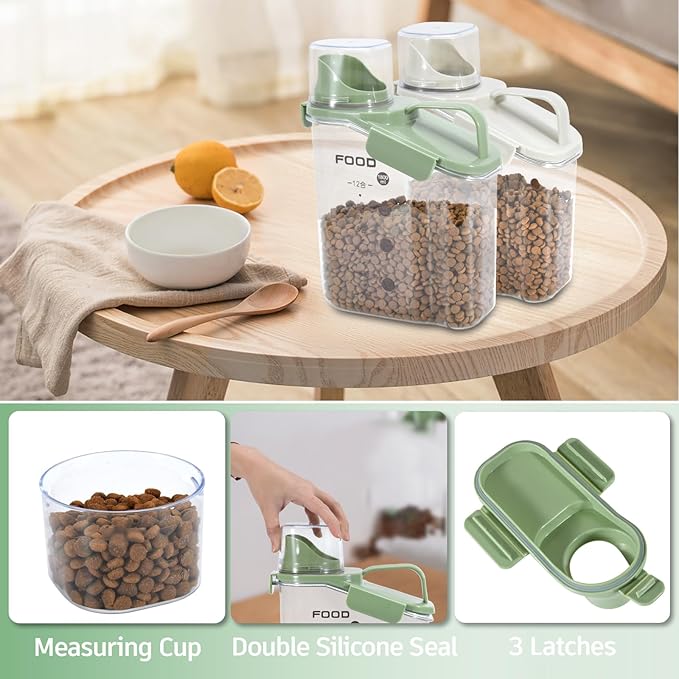 Dog Food Container Small, Pet Food Container with Airtight Pour Spout, Cat Food Storage Container with Measuring Cups, Portable Small Dog Food Container for Dogs Cats Birds (Green)