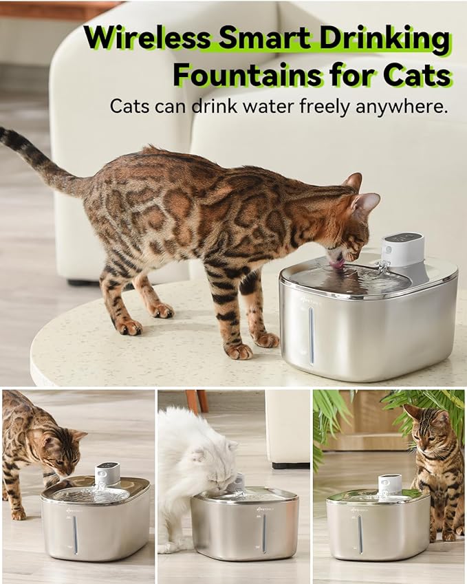 Wireless Cat Water Fountain, 135 fl oz/4L Battery Operated Cat Fountain Stainless Steel with Water Level Window, 3 Work Modes, Cordless Pet Water Fountain for Cats, Dogs, Pets, Inside