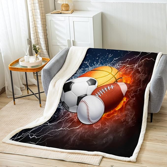 Erosebridal Sports Fleece Blanket for Boys & Baby - Baseball, Soccer, Basketball & Football Plush Blanket with Trippy Lightning Decor