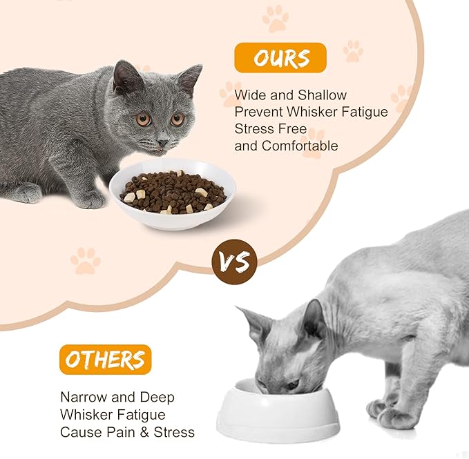 Ceramic Cat Food Bowl Set - Wide Shallow Cat Bowl for Whisker Fatigue Relief - Cute Cat Feeding Bowls - Flat Cat Dish - Cat Plates - Microwave and Dishwasher Safe - 6 Pack - 8.5 oz - 5.75 inch - White